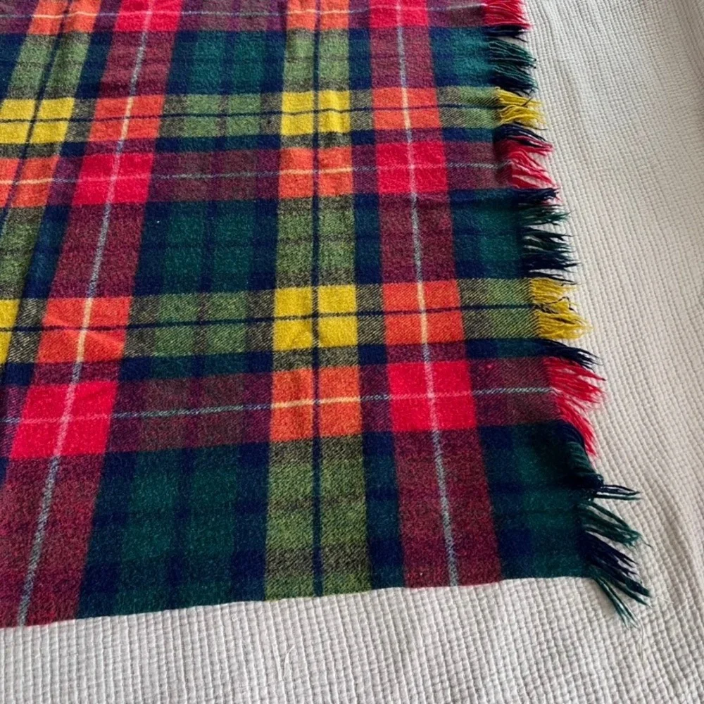 Vintage Tartan‎ Plaid Wool Blanket Throw Fringe Red Green Yellow Blue Cozy 47x50